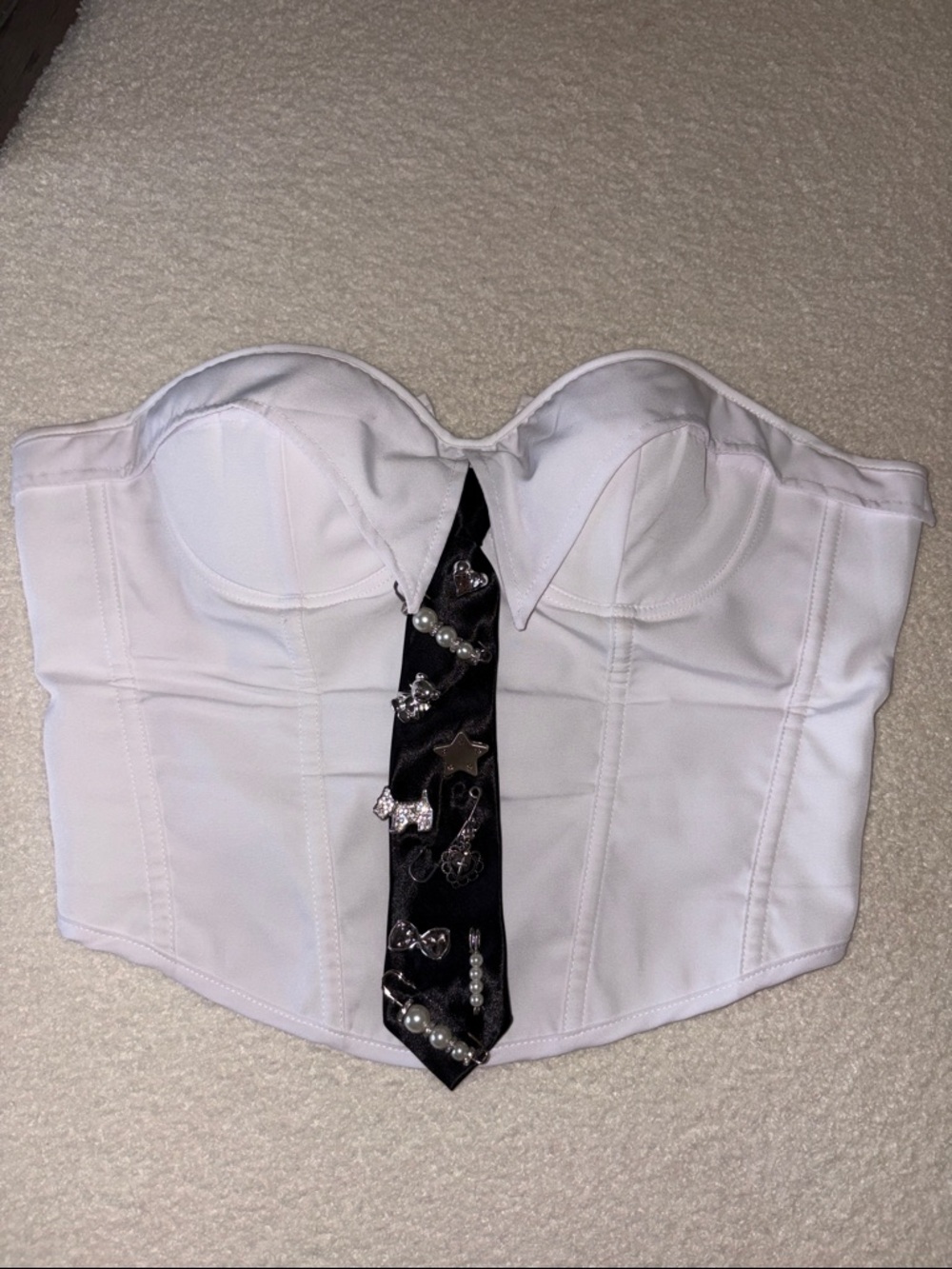 White Strapless Corset Bustier with Embellished Black Accent